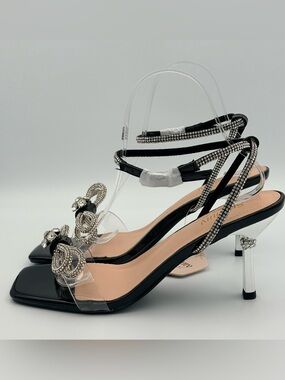 Susanny Black Patent Rhinestone Slingback Open Toe Heels Size 9